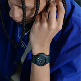 The Casio G-SHOCK 2500 Series Quartz Men’s Watch GAC2500-3A, 46.7mm case, worn on the wrist. The lightweight green design shows the scale and fit.