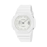Front-on view of the Casio G-SHOCK 2500 Series Quartz Men’s Watch GAC2500-7A, 46.7mm case, in white resin with a white dial. The analogue dial and three-cell date window are clearly visible.