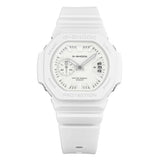 Three-quarter angle view of the Casio G-SHOCK 2500 Series Quartz Men’s Watch GAC2500-7A, 46.7mm case, highlighting the white resin bezel and rounded octagonal case. The white dial and raised bar indexes are visible.