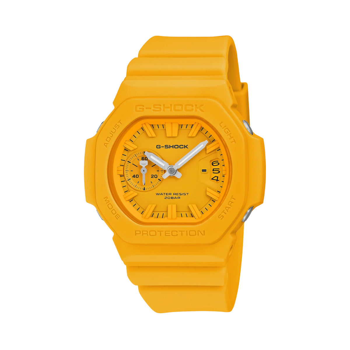 Front-on view of the Casio G-SHOCK 2500 Series Quartz Men’s Watch GAC2500-9A, 46.7mm case, in yellow resin with a yellow dial. The analogue dial and three-cell date window are clearly visible.