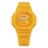 Three-quarter angle view of the Casio G-SHOCK 2500 Series Quartz Men’s Watch GAC2500-9A, 46.7mm case, highlighting the yellow resin bezel and rounded octagonal case. The yellow dial and raised bar indexes are visible.