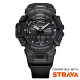 Casio G-SHOCK GBA900-1A analogue digital sport watch with black resin band, fitness tracking features, and shock-resistant design with Strava logo