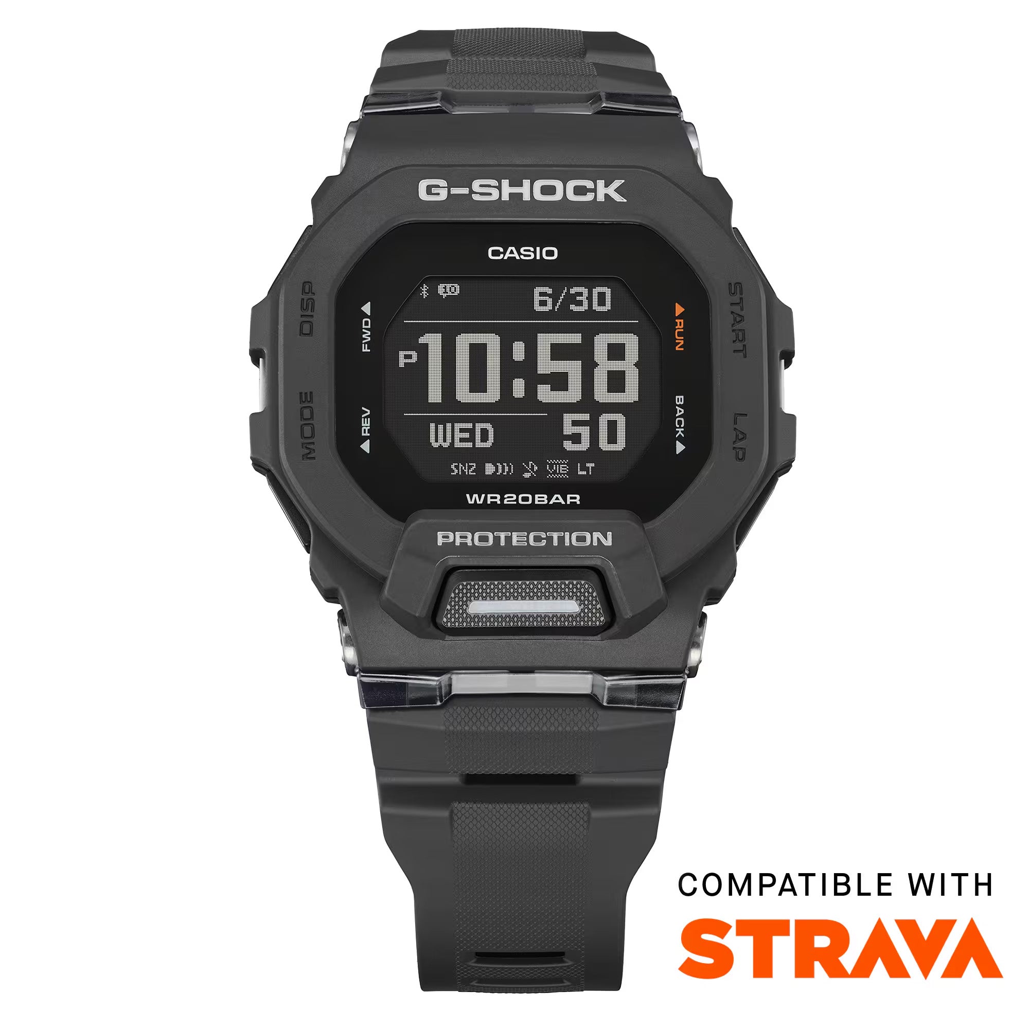 Casio G-Shock G-Squad GBD200-1 watch front view, featuring an all-black square resin case with high-definition MIP LCD digital display, G-Shock branding, front illumination button, and a bold sport-focused dial layout.