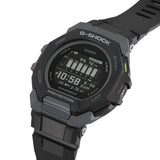 Casio G-Shock GBD300-1 front view — all-black octagonal resin case, high-contrast MIP LCD display, G-Squad branding. 48.9mm x 14.9mm, 60 grams, shock and water resistant to 200M.