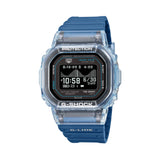 Casio G-LIDE GBXH5600-2D Blue Digital Watch shown front-on with digital display visible. Translucent bezel and solid blue resin band highlight the watch's see-through design.