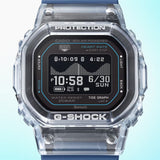 Close-up view of the Casio G-LIDE GBXH5600-2D Blue Digital Watch face showing the digital display with time and date. Tide graph and function indicators are visible on the high-contrast digital dial.