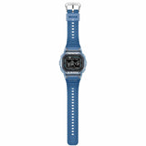 Close-up view of the Casio G-LIDE GBXH5600-2D Blue Digital Watch strap showing the blue resin band texture and clasp. Band design highlights durability suited to active and water-based use.