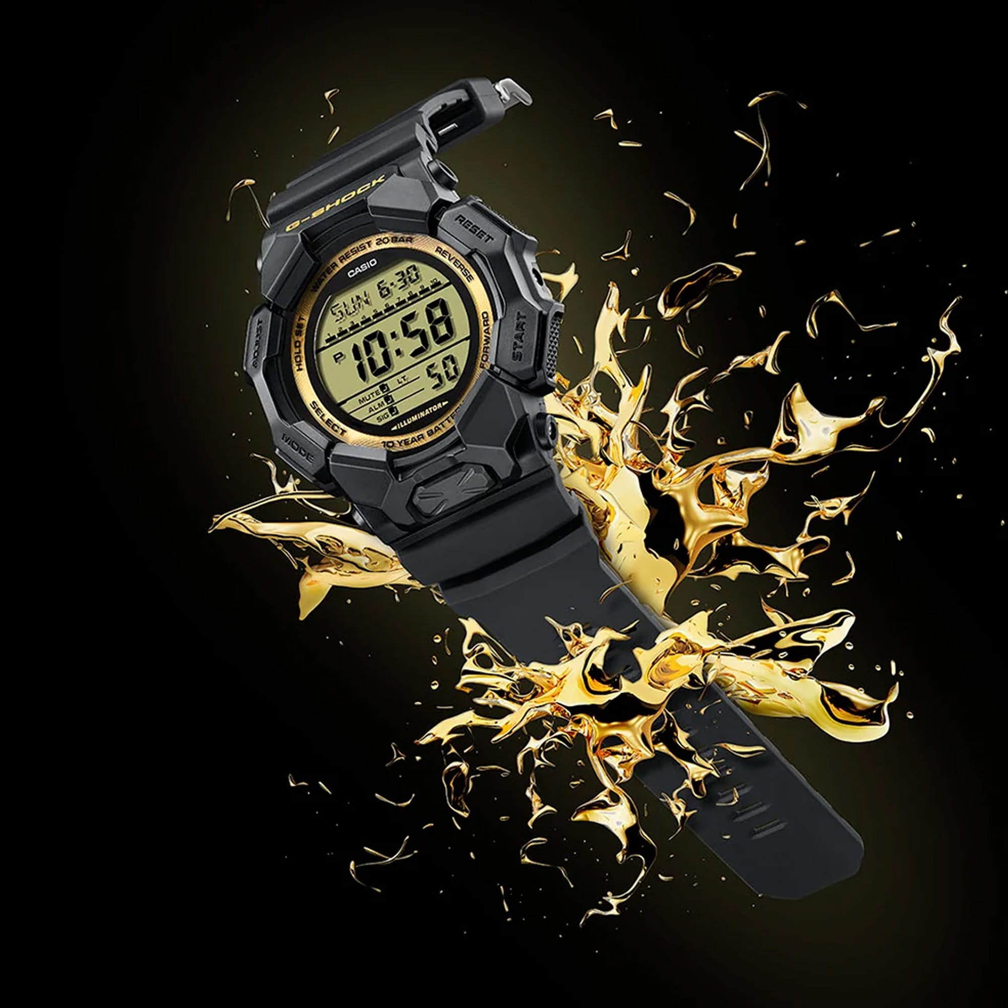 Casio G-Shock Quartz Men's Watch GD010GB-1A9 - showing the pin buckle strap and gold detailing