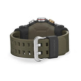Casio G-Shock Mudmaster GGB100X-1A3 close-up of the khaki and black bio-based resin band featuring a robust buckle clasp, with ventilated lug design and an adjustable fit range for wrists from 145mm to 215mm.
