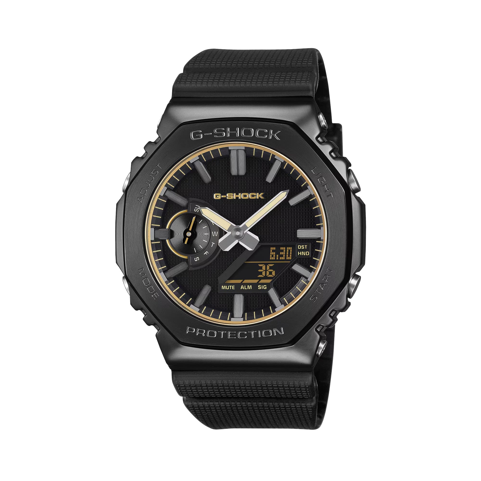 The Casio G-Shock Analogue Digital Men's Watch GM2100LXB-1A9 features a deep matte black anti-reflective textured dial with gold vapour-deposited hour markers, gold-edged slim extended hands, gold decorative frame around the glass, and gold G-Shock logo, set within a 49.3mm octagonal black ion-plated stainless steel bezel.