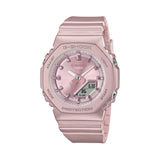 Casio G-Shock GMAP2100ST-4AD front view, featuring the compact 46mm x 40.2mm x 11.2mm octagonal bio-based resin case and band in pearlescent polarised pink with matte finish — shifting softly with the viewing angle — metallic pink vapour deposition dial, minimalist analogue-digital face without inset sub-dial, and hand shift feature.