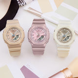 Casio G-Shock GMAP2100ST-4AD front view — pearlescent matte pink octagonal bio-based resin case and band, metallic vapour deposition pink dial, minimalist analogue-digital display. 46mm x 40.2mm x 11.2mm, 40 grams, shock resistant, 200M water resistant.