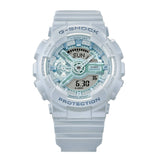 Casio G-SHOCK GMA-S110ST-2 analogue digital watch with blue resin band, metallic dial accents, and shock-resistant oversized design.