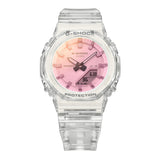 casio G-Shock GMAP2100SR-7A front view — translucent clear resin octagonal case with full vapor deposition shimmering glass, minimalist analogue-digital dial. 46mm x 40.2mm x 11.2mm, 40 grams, shock resistant, 200M water resistant.