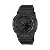 Front-on view of the Casio G-SHOCK Analogue Digital Women's Watch GMA-P2110B-1A, 40.5mm case, in an all-black finish with a thin metal bezel ring. The octagonal case and combined analogue-digital dial are shown clearly from this straight-on angle.