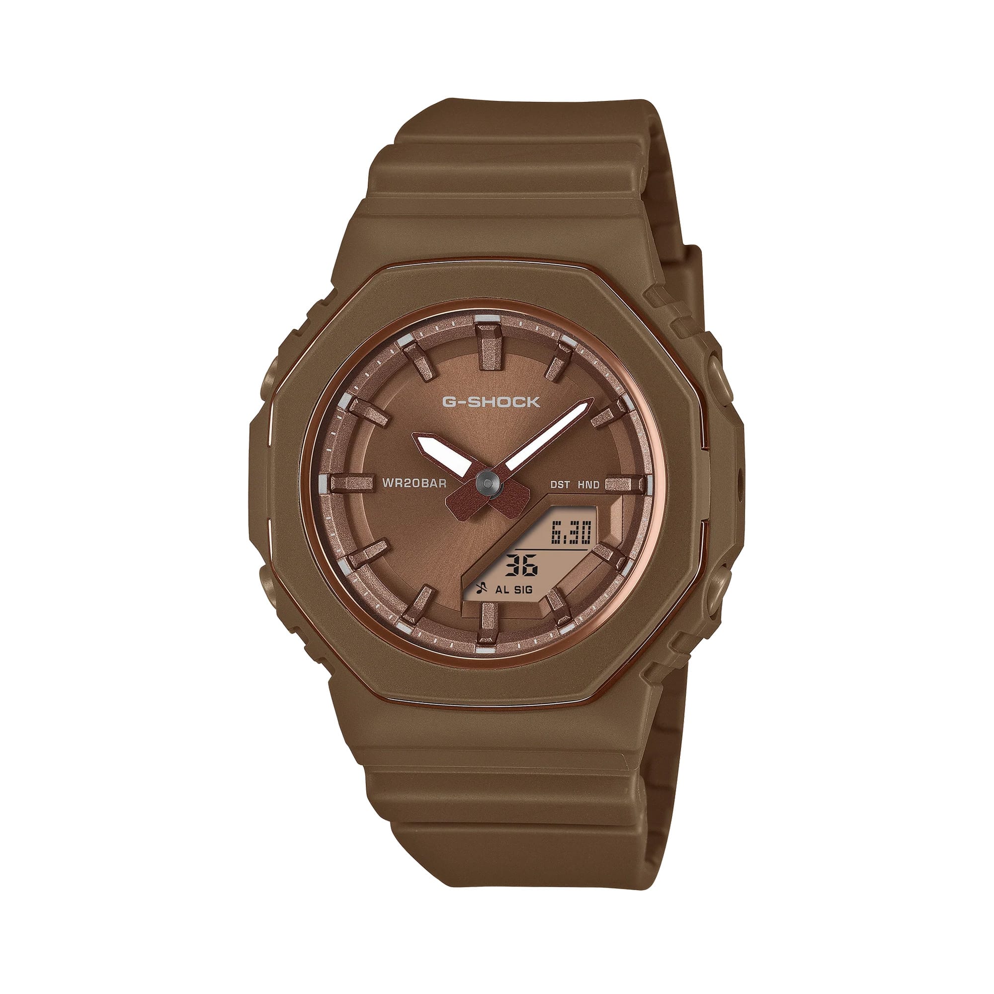 Front-on view of the Casio G-SHOCK Analogue Digital Women's Watch GMA-P2110B-5A, 40.5mm case, in an all-brown finish with a thin metal bezel ring. The octagonal case and combined analogue-digital dial are shown clearly from this straight-on angle.