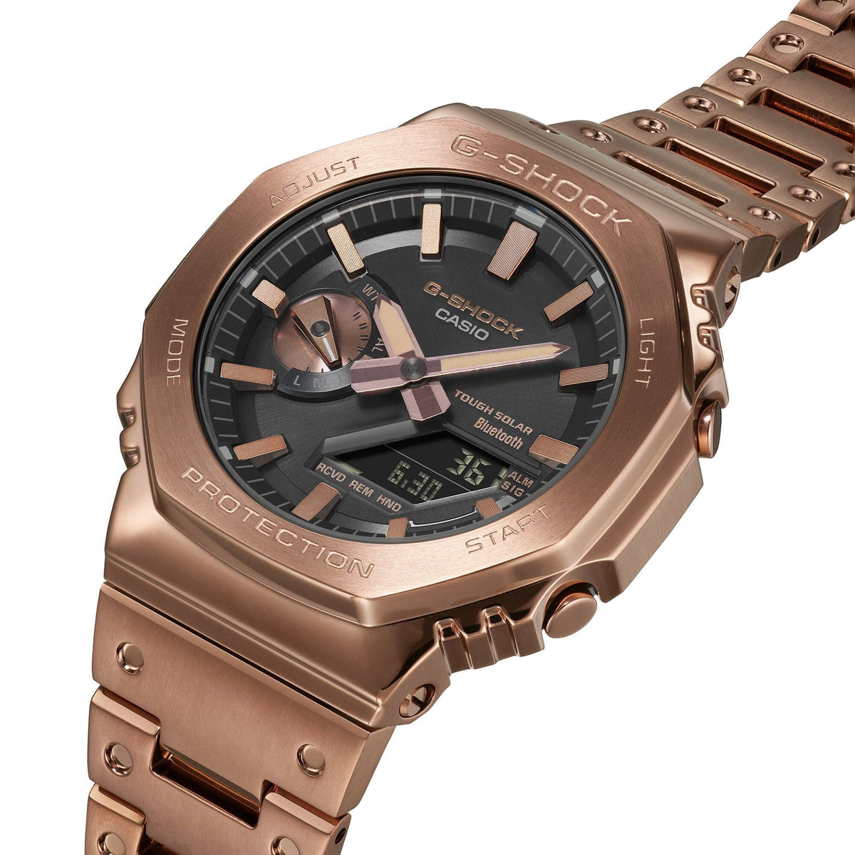 Rose PVD Mens Casio G-SHOCK-Premium GMB2100GD-5A - 3/4 angle showing luminous hands and octagional case
