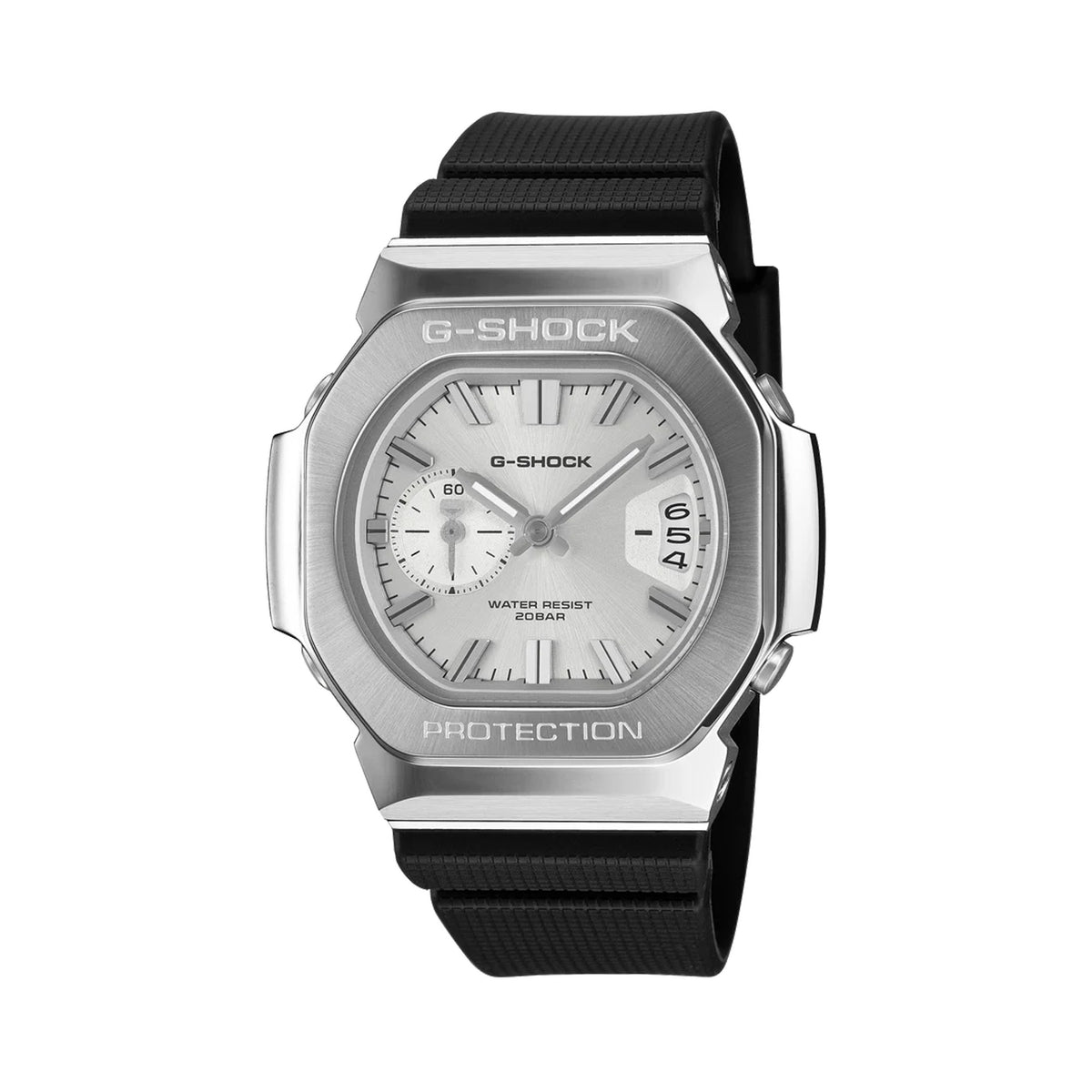 Front-on view of the Casio G-SHOCK 2500 Series Quartz Men’s Watch GMC2500-1A8, 46.7mm case, with a stainless steel bezel and silver dial. The analogue dial and three-cell date window are clearly visible.
