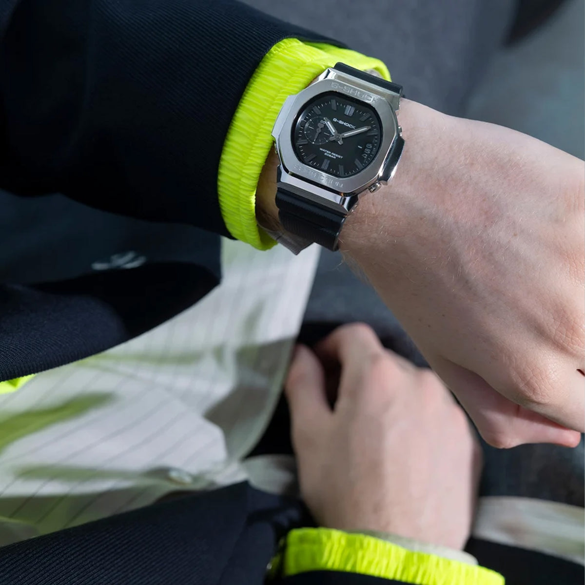 The Casio G-SHOCK 2500 Series Quartz Men’s Watch GMC2500-1A, 46.7mm case, worn on the wrist. The metal bezel and black resin strap show the scale and fit.