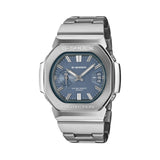 Front-on view of the Casio G-SHOCK 2500 Series Quartz Men’s Watch GMC2500D-1A2, 46.7mm case, in stainless steel with a blue dial. The analogue dial and three-cell date window are clearly visible.