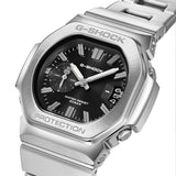 Three-quarter angle view of the Casio G-SHOCK 2500 Series Quartz Men’s Watch GMC2500D-1A, 46.7mm case, highlighting the silver bezel and rounded octagonal case. The black dial and bar indexes are visible.