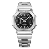 Three-quarter angle view of the Casio G-SHOCK 2500 Series Quartz Men’s Watch GMC2500D-1A, 46.7mm case, highlighting the silver bezel and rounded octagonal case. The black dial and bar indexes are visible.