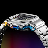 Casio G-Shock GMWBZ5000RC-1D side profile view, revealing the intricately interlocking stainless steel bezel and rainbow ion-plated centre case connected at the top and bottom, four gold IP front screws, and the three-pronged lug connection to the solid stainless steel band — the AI-generative structural design that makes this full-metal square unlike any previous G-Shock.
