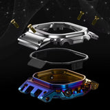 Casio G-Shock GMWBZ5000RC-1D component view showing the separated parts of the full-metal shock-resistant structure — the stainless steel outer bezel, gradient rainbow ion-plated stainless steel centre case, and resilient resin internal protector that temporarily deforms on impact to absorb shock energy — illustrating how full G-Shock toughness is achieved within a completely metal exterior.