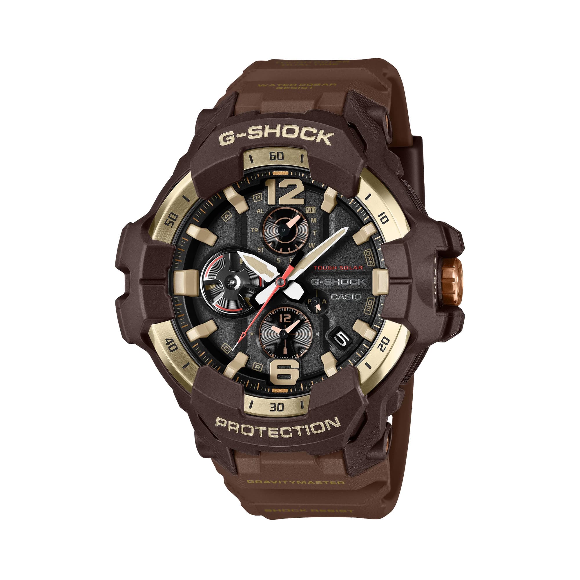 Front and side view of the Casio G-SHOCK Solar Men's Watch GR-B300H-5A, 55mm case, in a brown bio-based resin case with a gold ion-plated stainless steel bezel. The fighter jet-inspired case shape and full analogue dial are shown from this angled view.