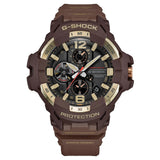 The Casio G-SHOCK Solar Men's Watch GR-B300H-5A, 55mm case, worn on the wrist to show scale and fit. The gold-tone bezel and brown resin band suit both rugged and everyday wear.