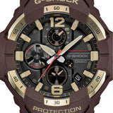 Close-up of the dial on the Casio G-SHOCK Solar Men's Watch GR-B300H-5A, 55mm case, showing the analogue hands, dual time subdial and gold-toned markers against the black dial. The gold ion-plated bezel detailing is also visible.