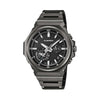 The Casio G-Shock G-Steel Solar Men's Watch GSTB1000BD-1A features a logo-less black ion-plated stainless steel bezel with brick pattern detail, carbon fibre dial, and all-black solid stainless steel bracelet — 44.2mm, fully all-black from bezel to screws.