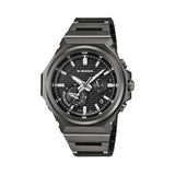 The Casio G-Shock G-Steel Solar Men's Watch GSTB1000BD-1A features a logo-less black ion-plated stainless steel bezel with brick pattern detail, carbon fibre dial, and all-black solid stainless steel bracelet — 44.2mm, fully all-black from bezel to screws.