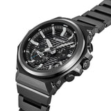 From this angle, the Casio G-Shock G-Steel Solar Men's Watch GSTB1000BD-1A reveals the depth and shifting lustre of the black ion-plated logo-less bezel alongside the carbon fibre dial and stainless steel bracelet.