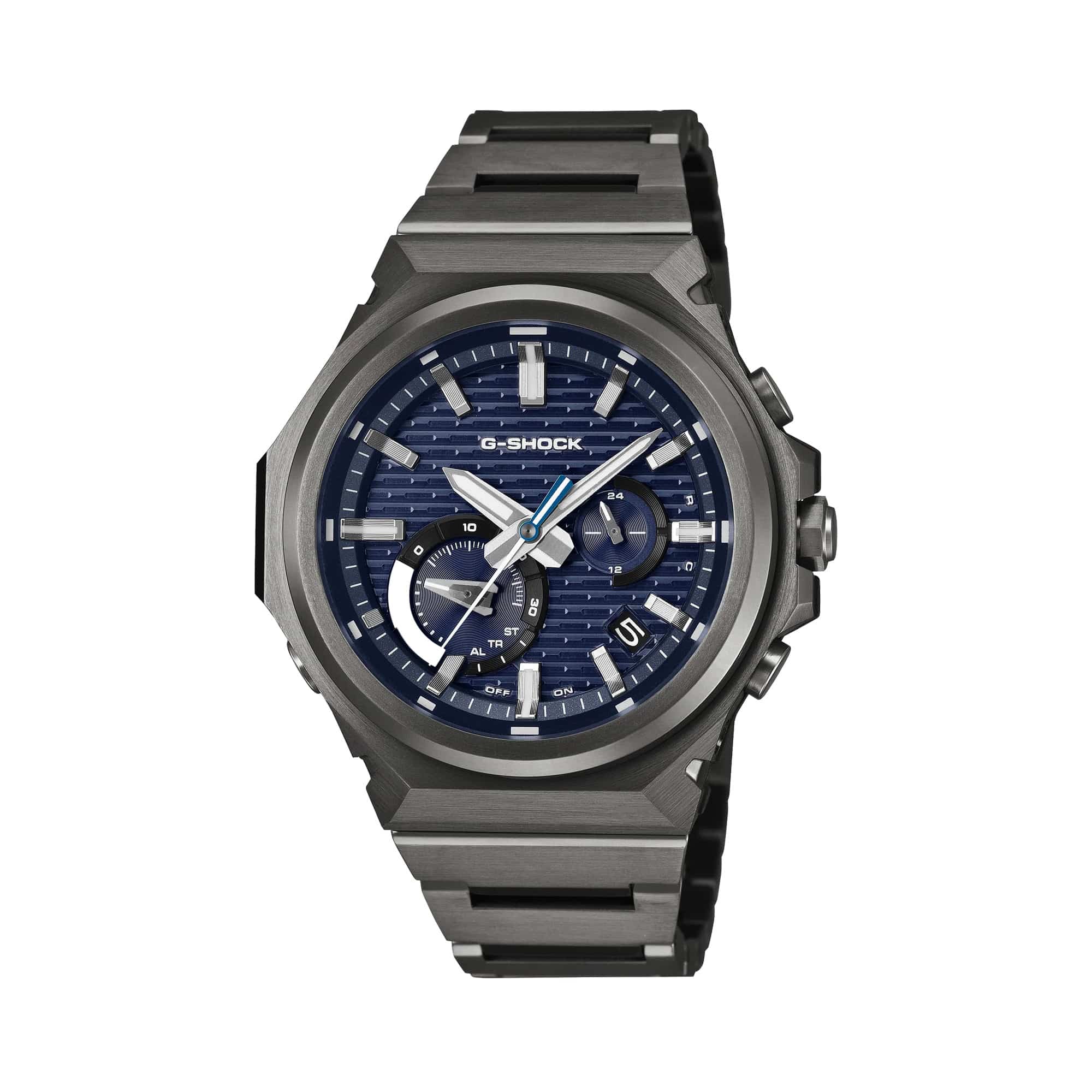 The Casio G-Shock G-Steel Solar Men's Watch GSTB1000BD-2A features a logo-less black ion-plated stainless steel bezel with brick pattern detail, vivid blue carbon fibre dial, and all-black solid stainless steel bracelet — 44.2mm, fully all-black from bezel to screws with a striking blue dial.