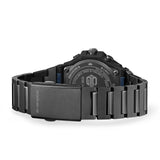 The Casio G-Shock G-Steel Solar Men's Watch GSTB1000BD-2A is fitted with a solid stainless steel bracelet combining hairline and mirror finishes, secured by a black ion-plated tri-fold clasp — with the all-black ion-plated case back confirming shock-resistant and 200-metre water-resistant construction.