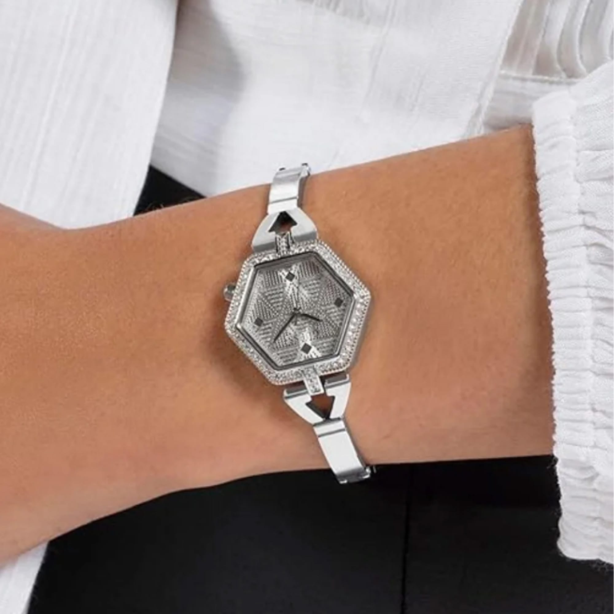 Guess Women's 28mm Silver Audrey Glitz Hexagonal Quartz Watch GW0680L1