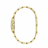 Viewed from the side, the watch reveals the polished depth of its gold-tone rectangular case. The mineral crystal glass sits close to the dial for a refined, low-profile silhouette.