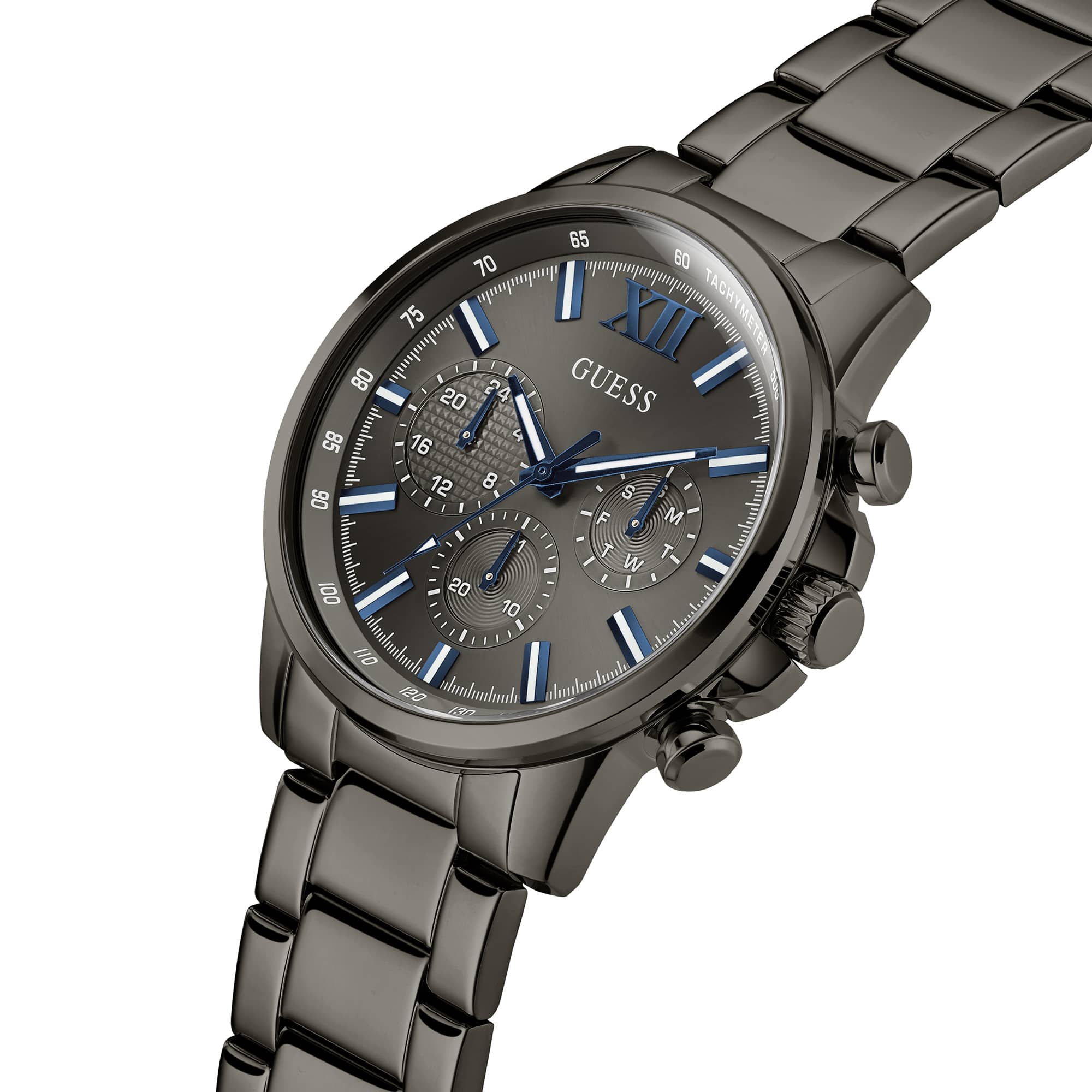 Captured at a three-quarter angle, this view highlights the three chronograph sub-dials alongside the tachymeter scale. The black PVD finish catches the light beautifully from this perspective.