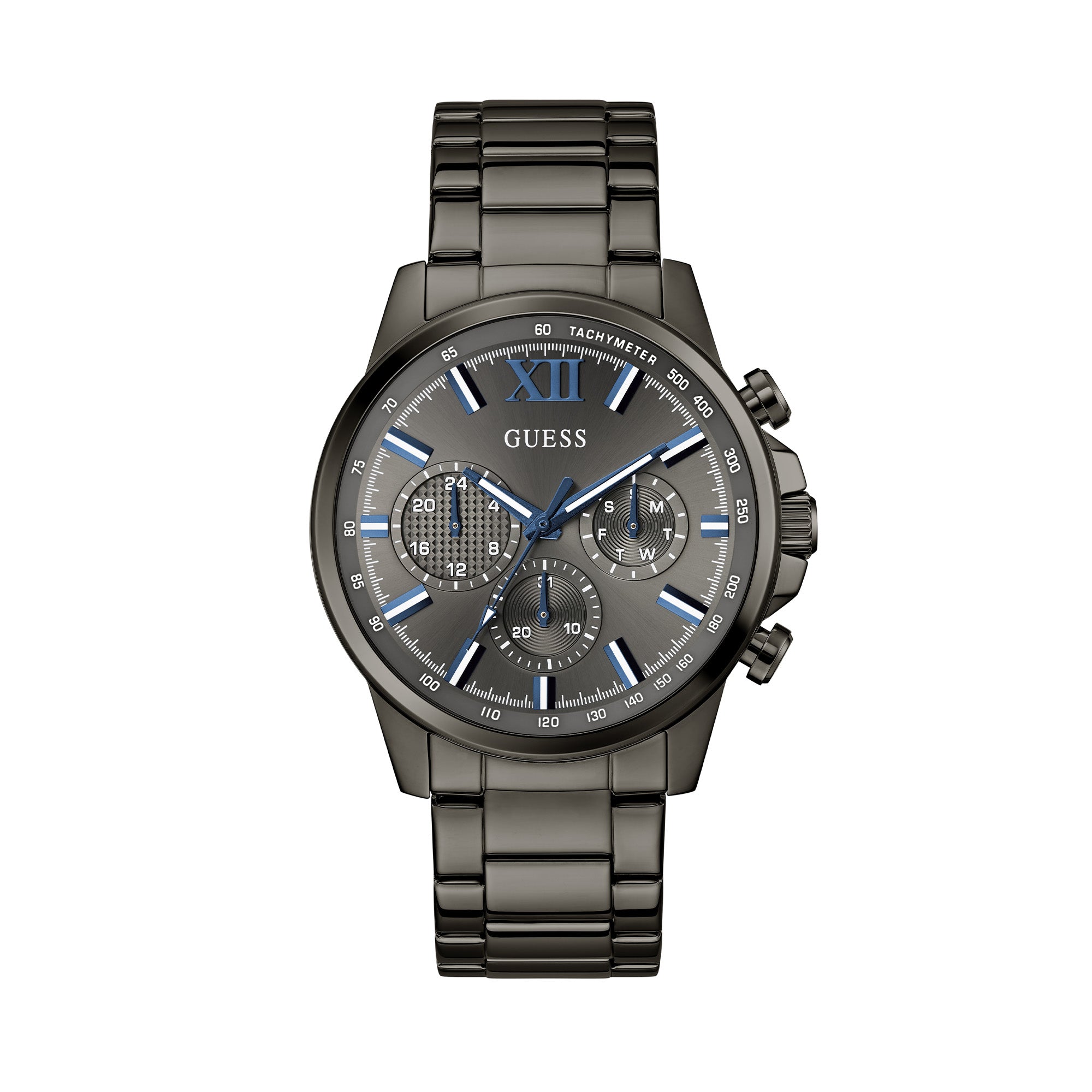 Captured at a three-quarter angle, this view highlights the three chronograph sub-dials alongside the tachymeter scale. The black PVD finish catches the light beautifully from this perspective.