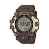 Front and side view of the Casio G-SHOCK Solar Men's Watch GW-9500MH-5, 53mm case, in a brown bio-based resin case with a gold ion-plated stainless steel bezel. The rugged, guarded button design and digital display are shown from this angled view.