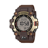 Front and side view of the Casio G-SHOCK Solar Men's Watch GW-9500MH-5, 53mm case, in a brown bio-based resin case with a gold ion-plated stainless steel bezel. The rugged, guarded button design and digital display are shown from this angled view.