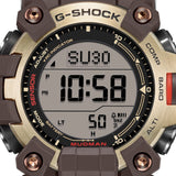 Close-up of the display on the Casio G-SHOCK Solar Men's Watch GW-9500MH-5, 53mm case, showing the duplex LCD screen with digital compass readout. The gold ion-plated bezel and hex screw detailing are also visible.