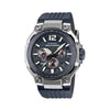 The Casio G-Shock Gravitymaster Solar Men's Watch GWRB3000A-2A features a 47.3mm round case with blue ion-plated bio-based carbon and stainless steel bezel, blue analogue dial with luminous hands and markers, sapphire crystal with anti-reflective coating, and visible shock absorbers — the TOUGH MVT.2 Gravitymaster in blue.