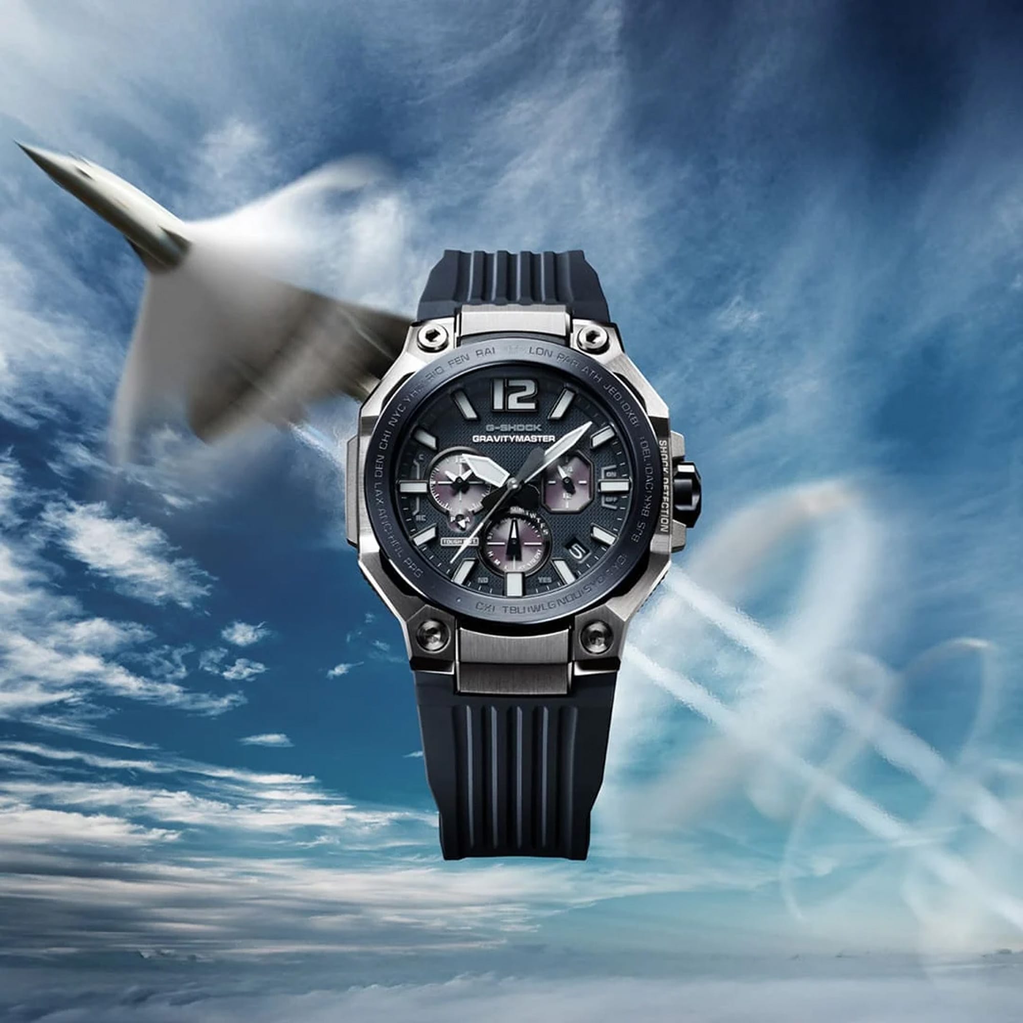 From this angle, the Casio G-Shock GWRB3000A-2A reveals the blue ion-plated bezel depth, visible shock absorber engineering at the case sides, blue dial luminous detail, and anti-reflective sapphire crystal together.