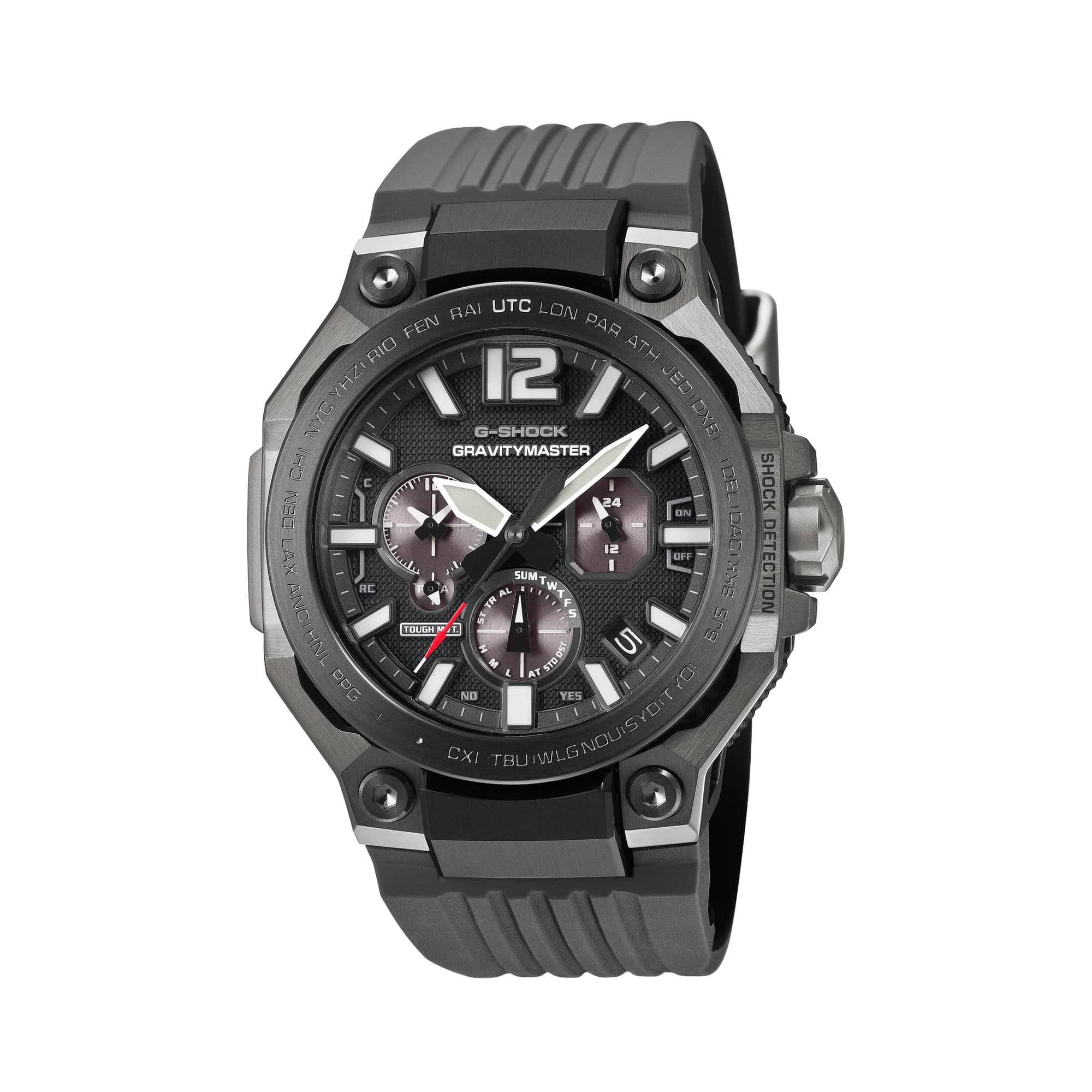 The Casio G-Shock Gravitymaster Solar Men's Watch GWRB3000B-8A features a 47.3mm round case with grey ion-plated bio-based carbon and stainless steel bezel, grey analogue dial with luminous hands and markers, sapphire crystal with anti-reflective coating, and visible shock absorbers — the TOUGH MVT.2 Gravitymaster in grey.
