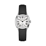 Hamilton American Classic Cushion Mechanical Women’s 30mm Watch H36109710 shows a white dial with black Roman numerals, a railway minute track and a small seconds sub-dial at 6 o’clock. The cushion-shaped steel case gives it a refined vintage look.