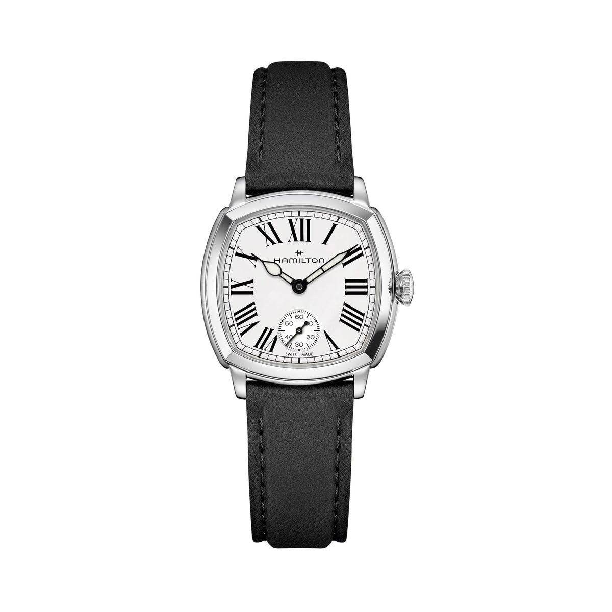 Hamilton American Classic Cushion Mechanical Women’s 30mm Watch H36109710 shows a white dial with black Roman numerals, a railway minute track and a small seconds sub-dial at 6 o’clock. The cushion-shaped steel case gives it a refined vintage look.