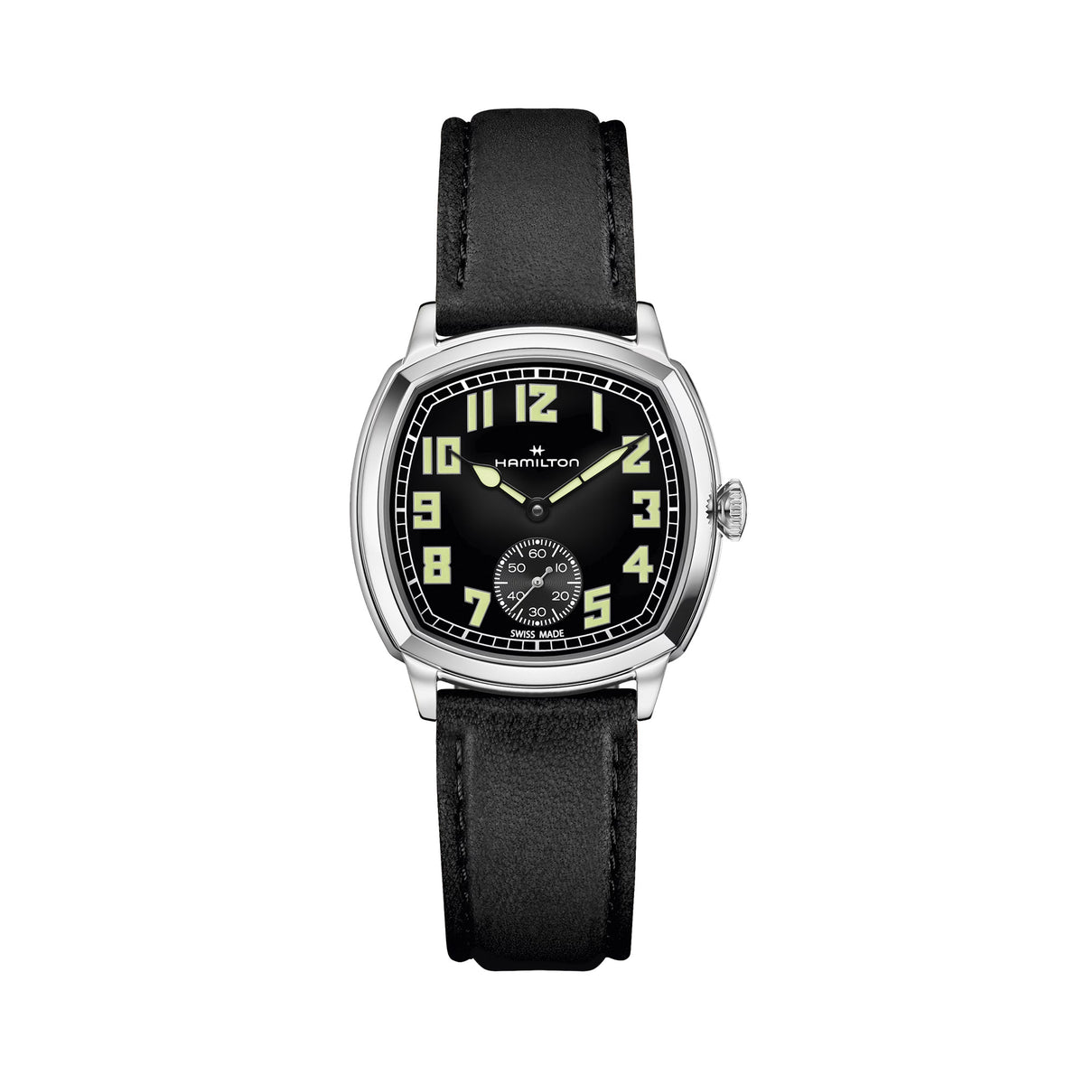 Hamilton American Classic Cushion Mechanical Unisex 34mm Watch H36129730 shows a black dial with square-style numerals, a railway minute track and a small seconds sub-dial at 6 o’clock. The cushion-shaped steel case contrasts with the dark dial for a bold vintage look.