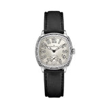 Hamilton American Classic Cushion Mechanical Unisex 34mm Watch H36149710 shows a white dial with square-style numerals, a railway minute track and a small seconds sub-dial at 6 o’clock. The cushion-shaped steel case has a delicately engraved finish.